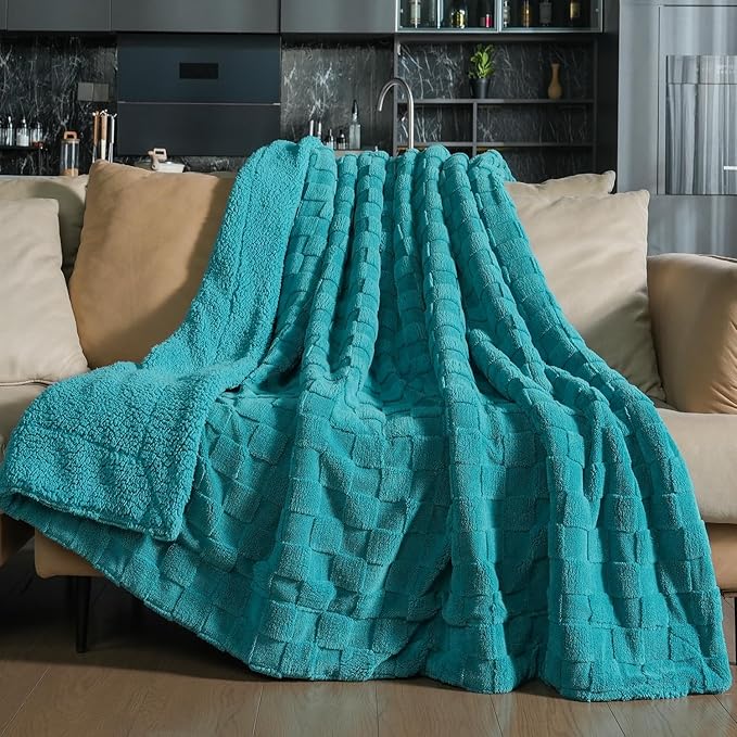 Pawque Super Soft Cozy Throw Blanket Twin Size for Couch Bed, Fluffy Sherpa Fleece Reversible Thick Warm Fuzzy Blanket for All-Season, 3D Checkered Jacquard Decorative Blankets, Teal Green, 60" x 80"