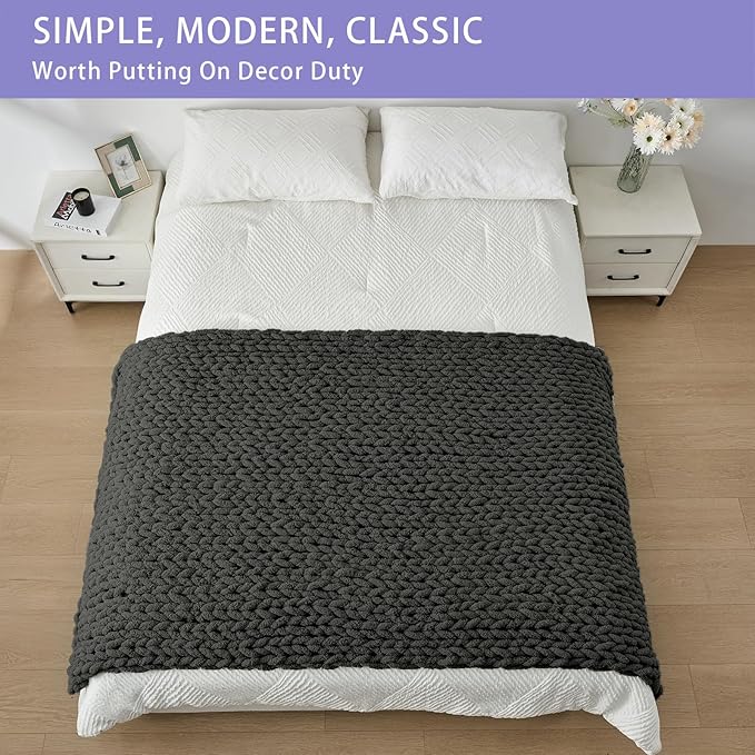 Bigacogo Chunky Knit Throw Blanket for Couch, 40x80 inches, 100% Hand Knitted with Thick Jumbo Chenille Yarn, Cozy Soft Large Rope Knot Cable Crochet Blankets for Sofa Bed Living Room, Dark Grey