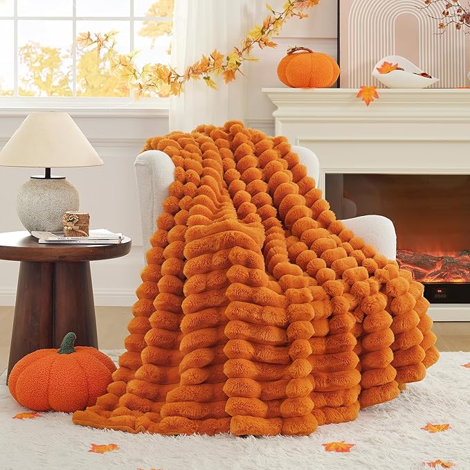 Cozy Bliss Fall Harvest Faux Fur Throw Blanket for Couch, Cozy Warm Plush Striped Blanket for for Decorating Couch Sofa Bedroom Living Room,50 * 60 Inches Burnt Orange