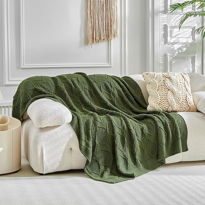 Longhui bedding Chunky Cotton Knit Throw Blanket for Couch, Sofa, Bed, or Chair, Decorative Breathable Fall Cable Knit Blanket 51 x 63 Inches, Olive Green