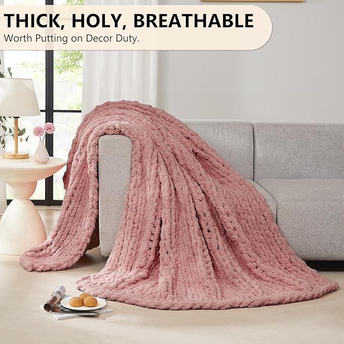 L'AGRATY Chunky Knit Blanket Throw: 72''x84'' Chenille Chunky Knitted Throw Blanket for Bed Couch - Handmade Thick Big Cable Knit Blanket - Large Chunky Crochet Blanket for Home Decor(Rose Pink)