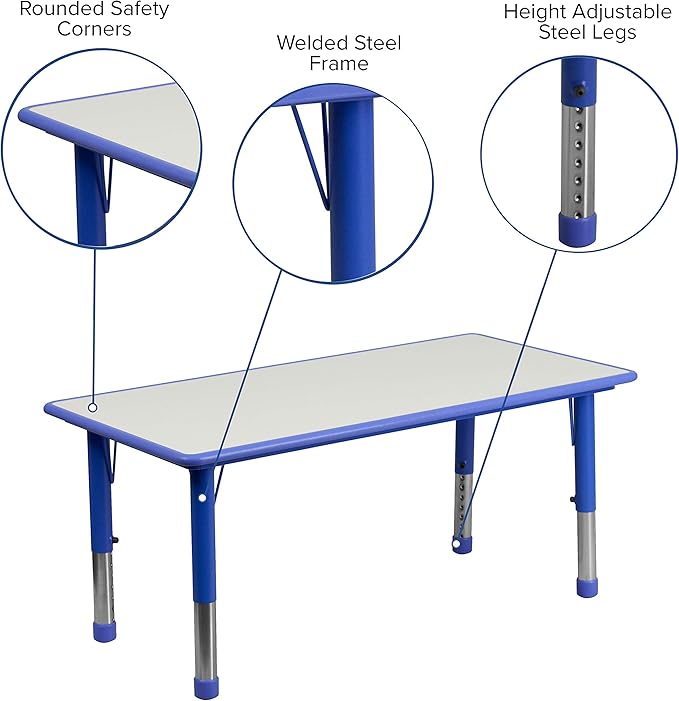 Flash Furniture Wren 23.625''W x 47.25''L Rectangular Blue Plastic Height Adjustable Activity Tables with Grey Tops, Set of 6