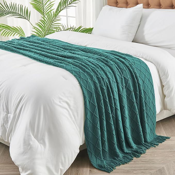 inhand Knitted Throw Blankets for Couch and Bed, Soft Cozy Knit Blanket with Tassel, Blue Lightweight Decorative Blankets and Throws, Farmhouse Warm Woven Blanket for Men and Women, 60"x80"