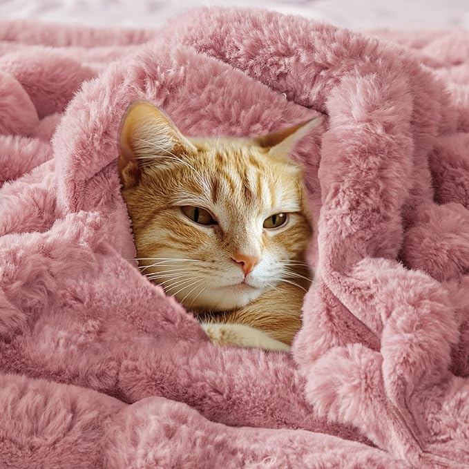BEDELITE Faux Fur Throw Blanket for Couch, Soft and Cozy Luxurious 3D Striped Fluffy Blanket, 770GSM Thick Warm Plush Fuzzy Faux Rabbit Fur Blanket for Women Gift (Pink, 60"x 80")