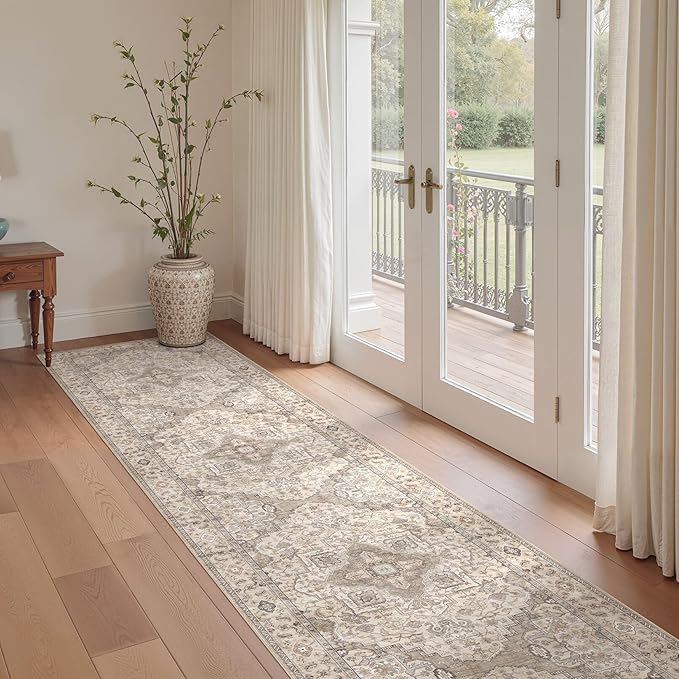 Washable 2.6x12 Runner Rug - Area Rugs Neutral Vintage Distressed Floral Farmhouse Boho Large Soft Floor Rug Indoor Carpet for Hallway Entryway Kitchen Home - Brown/Multi