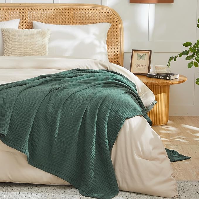 EMME Cotton Muslin Large Throw Blanket Couch Breathable Gauze Blanket Soft Lightweight Bed Blankets Adults (Forest Green, 50"x70")