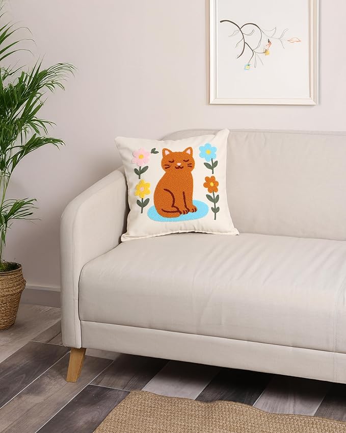 katre home madame & textile Cat Throw Pillow Cover – 100% Cotton Embroidered Decorative Cushion Case 18x18 – Handmade Punch Needle Pillow for Sofa, Bed, Couch or Gift for Cat Lovers