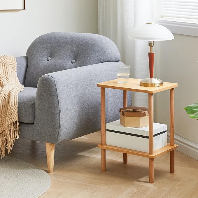 IBUYKE 2-Tier Side Table, Solid Wood Tall End Table with Storage Shelves, Nightstand Bedside Table for Living Room Bedroom Office, No-Tool Assembly, Natural UWST002N