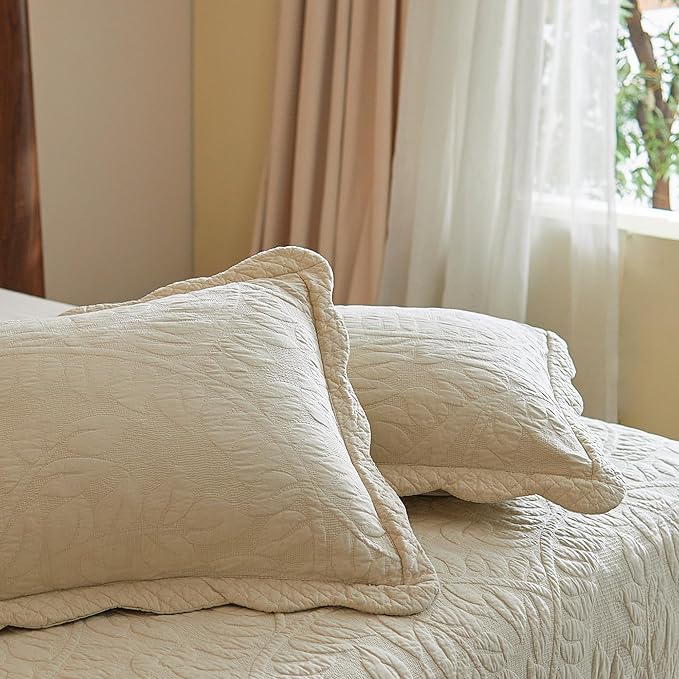 MarCielo 3-Piece 100% Cotton Oversized Bedspread Lightweight Quilt Coverlet Embroidery Farmhouse Bedding Set T0 (Yellowish Beige, Oversized Queen (100"x106"))