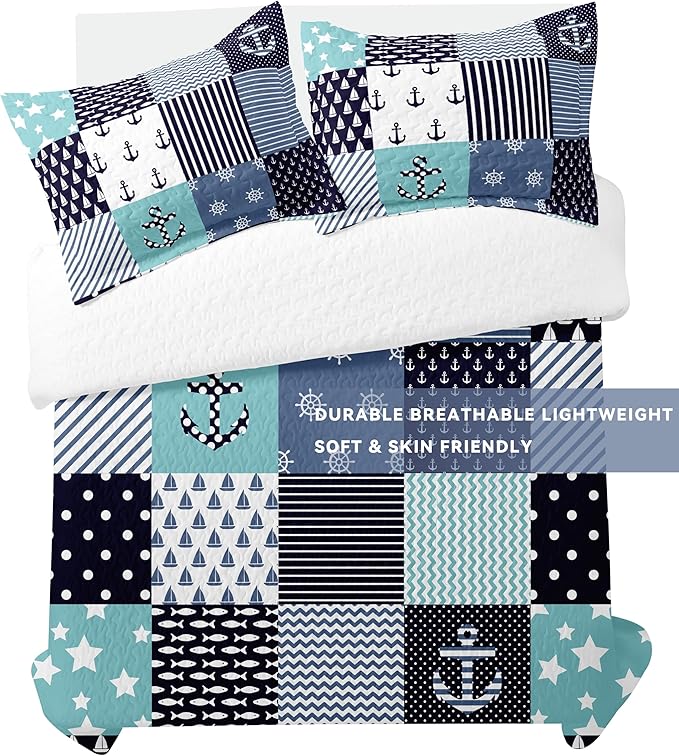 Nautical Bedding King Size Coastal Quilt with 2 Shams, Coastal Beach Comforter Sets Ocean Bedspreads Blue Seaturtle Coverlet Summer Bedding, 96''x106''