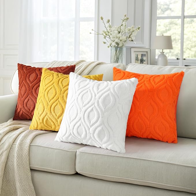 decorUhome Fall Throw Pillow Covers 22x22 Inch Set of 2, Soft Plush Decorative Faux Fur Orange Solid Couch Pillow Covers, Accent Farmhouse Neutral Square Euro Pillow Cases for Sofa Bed Living Room