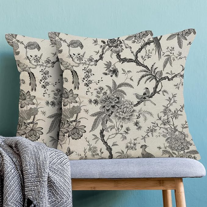 CXMEIFLY Spring Floral Birds Pillow Covers 18 x 18 Inch Set of 2 for Chinoiserie Flowers Decor Throw Pillows Black and White Plant Outdoor Decorative Cushion Cases for Couch Bed Decorations