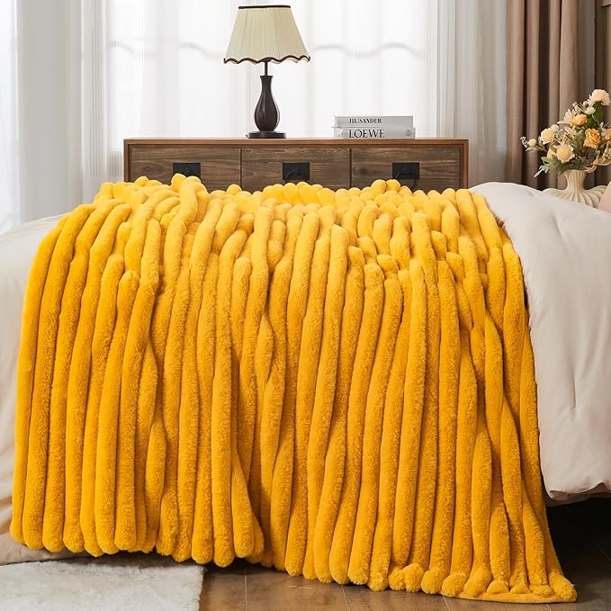 NEWCOSPLAY Faux Fur Twin Blanket Mustard Yellow 3D Ribbed Plush Thick Warm Blanket for Couch Sofa Bed 850GSM (Mustard Yellow Ribbed, Twin(60"x80"))
