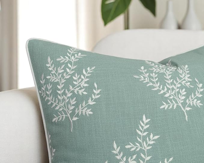 VAGMINE Embroidered Leaves Throw Pillow Cover - 20x20 Inches Square - 100% Cotton Light Teal Cushion Cover - Elegant Leaf Embroidery - Soft Boho Accent for Sofa, Lounge, Contemporary Décor