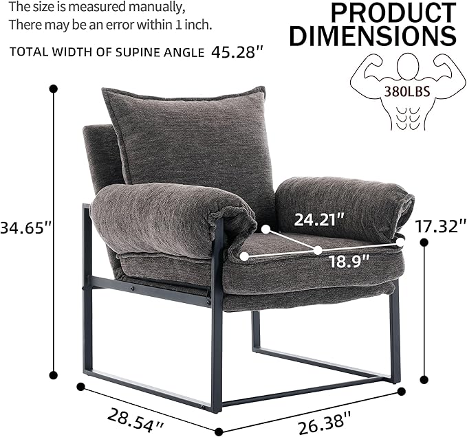 YISHENG Accent Chair with 6-Angle Adjustable Backrest, Chenille Fabric Living Room Chair Upholstered Lounge Chair, Modern Chair Cozy Reclining Chair for Reading Room, Set of 2 Gray