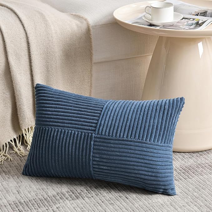 Fancy Homi 2 Packs Dusty Blue Lumbar Decorative Throw Pillow Covers 12x20 Inch for Couch Bed Sofa, Rustic Farmhouse Boho Home Decor, Soft Striped Corduroy Rectangle Accent Cushion Case 30x50 cm