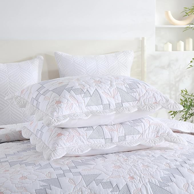 MarCielo 3-Piece 100% Cotton Oversized Bedspread Lightweight Quilt Coverlet Embroidery Farmhouse Bedding Set (TC Colorful White, Oversized Queen (100"x106"))