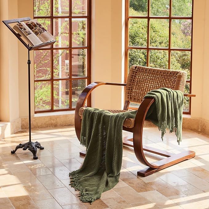 lifein Throw Blanket for Couch, Soft Green Boho Decor Bed Throw,Cozy Knitted Chenille Farmhouse Lightweight Throw for Spring(Olive Green,60 * 80")