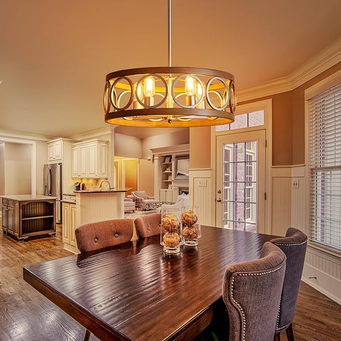 XINGQI 21.7'' Modern Farmhouse Chandelier Drum Pendant Lighting Fixture Hanging Ceiling Lamp for Living Dining Room Over Table, 5 Lights Antique Wood Grain Brushed Nickel with Round Metal