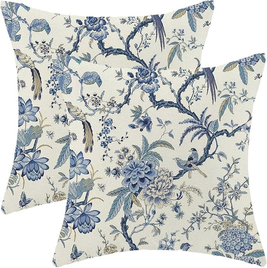 CXMEIFLY Spring Floral Birds Pillow Covers 22 x 22 Inch Set of 2 for Chinoiserie Flowers Decor Throw Pillows Blue and White Plant Outdoor Decorative Cushion Cases for Couch Bed Decorations