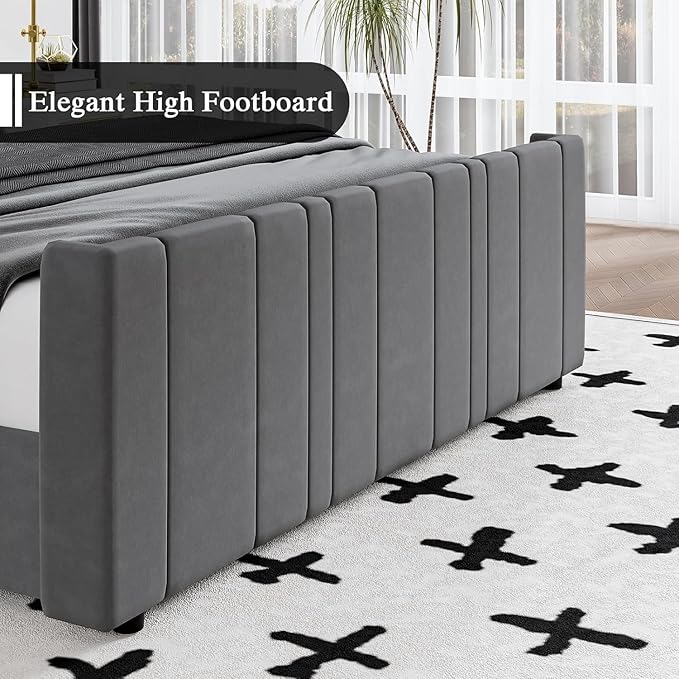 HOMBCK Full Bed Frame with Headboard, Upholstered Platform Bed Full Size with Velvet Headboard & Footboard/Vertical Channel Tufted/Wooden Slats/Noise Free/No Box Spring Needed/Easy Assembly, Grey