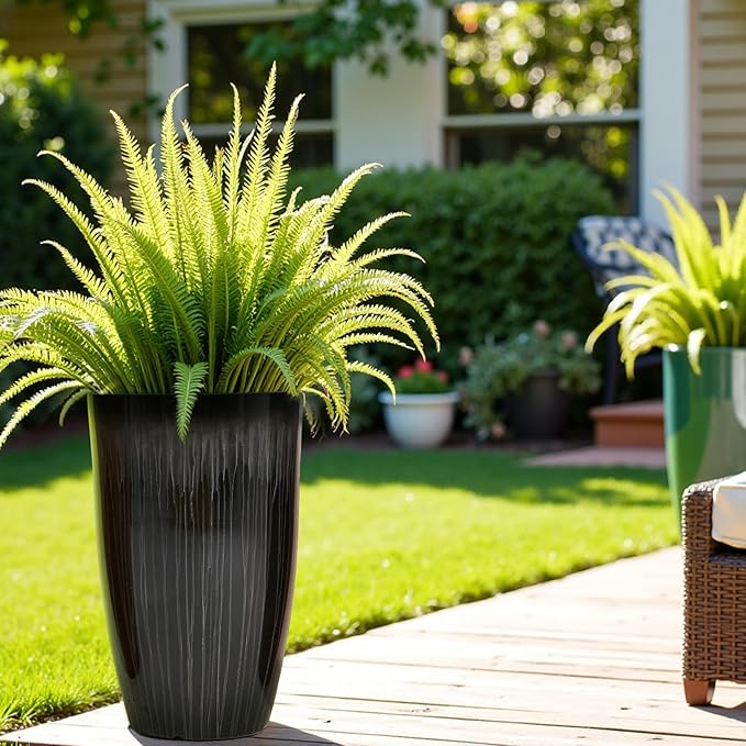 Worth Garden 23.5" H. Large Plastic Planters - Set of 2 Gradient Black Glossy Smooth Finish - Tall Plant Pots for Indoor & Outdoor Use - Decorative Lightweight Flower Pots for Front Porch, Patio, Deck