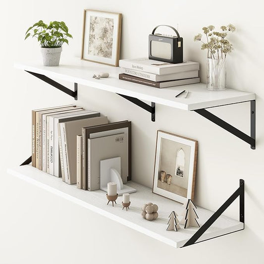 Fun Memories 40 Inch Floating Shelves, 10 Inch Deep Wall Shelf, 40 x 10 Floating Shelf Set of 2, White Wood Floating Shelf Wall Mounted, Large Kitchen Living Room Bedroom Storage Shelves