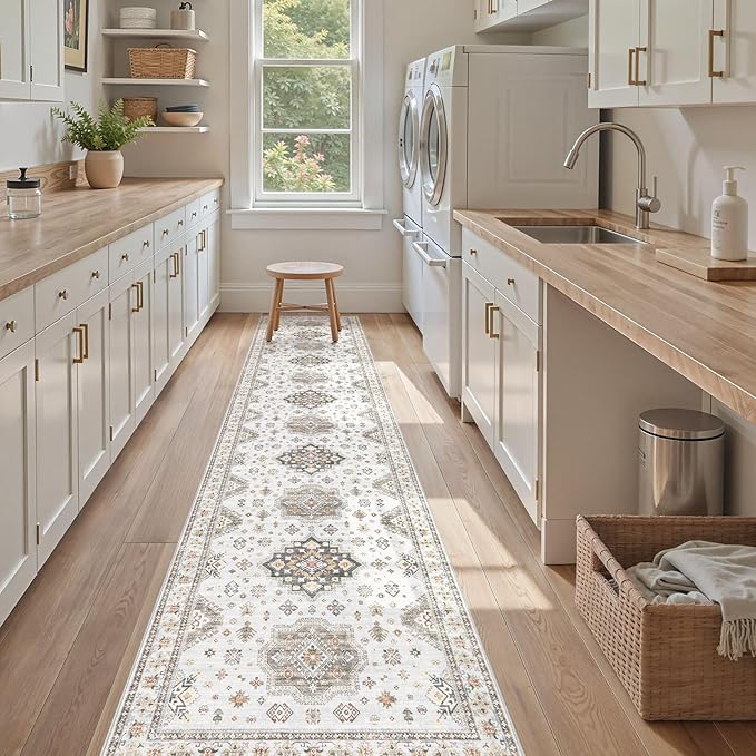 Washable 2.6x12 Runner Rug - Area Rugs Neutral Vintage Distressed Floral Farmhouse Boho Large Soft Floor Rug Indoor Carpet for Hallway Entryway Kitchen Home - Blue Brown