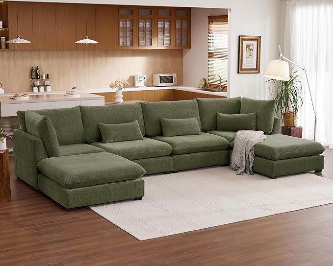 Oversized Modular Sofa, Extra Deep Cloud Chenille Sectional Couch with Ottoman Chaise, Fluffy Chenille 6 Seat U-Shaped Sofa for Living Room, Villa (U Shape 6 Seater, Chenille Green)