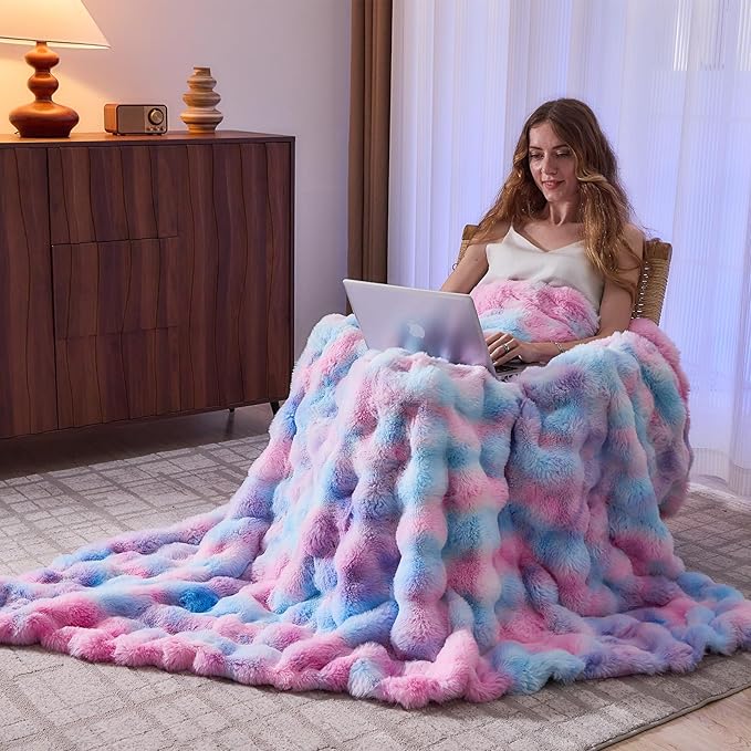 Lotus Karen Faux Fur Throw Blanket Tie-Dye Purple Rainbow - Big Bubble Rabbit Fluff Blanket for Couch, Small Fluffy Fuzzy Cozy Blanket,Thick Furry Plush Shaggy Blankets,50x60 Inches