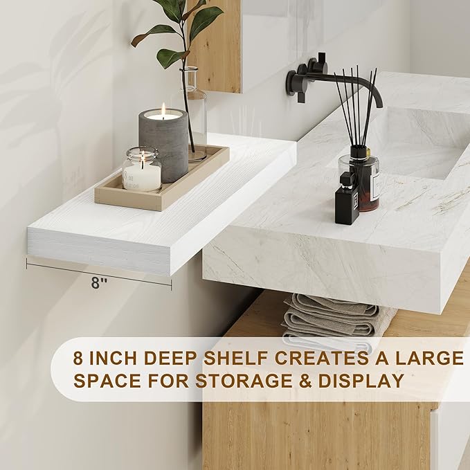 Fun Memories White Floating Shelves 36 Inch Long, 8 Inch Deep Floating Shelf for Wall, 36" W x 8" D Floating Shelves Set of 2, White Deep Wall Shelves for Bedroom, Living Room, Kitchen