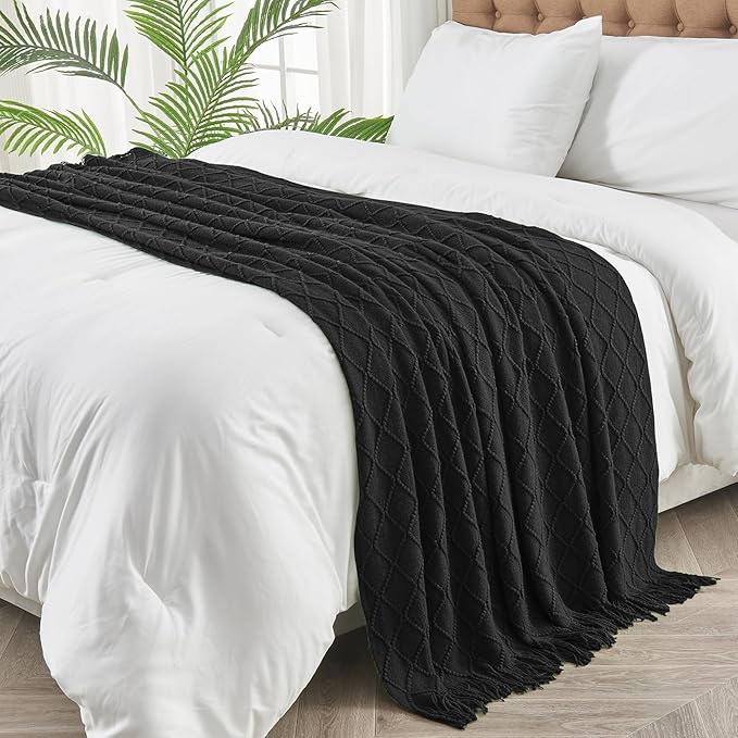 inhand Knitted Throw Blankets for Couch and Bed, Soft Cozy Knit Blanket with Tassel, Black Lightweight Decorative Blankets and Throws, Farmhouse Warm Woven Blanket for Men and Women, 60"x80"