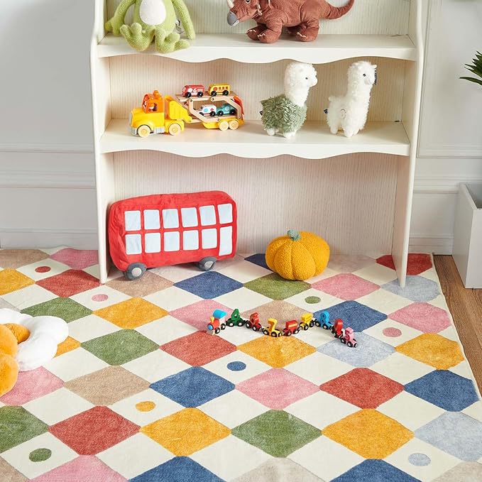 jinchan Area Rug 2x3 Kids Entryway Washable Indoor Doormat Small Soft Non Slip Modern Rug Diamond Carpet for Nursery Room Bedroom Bathroom Circus on Cream