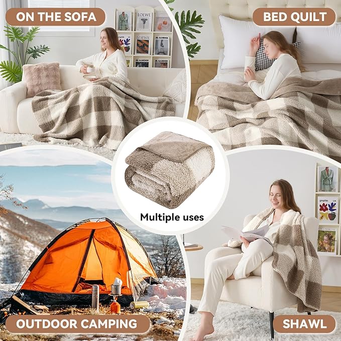 LURKA Checkered Sherpa Fleece Throw Blanket - Extra Thick and Warm Winter Soft Fuzzy Plush Blanket for Couches, Beds & Pets, Khaki, 50x60 Inches
