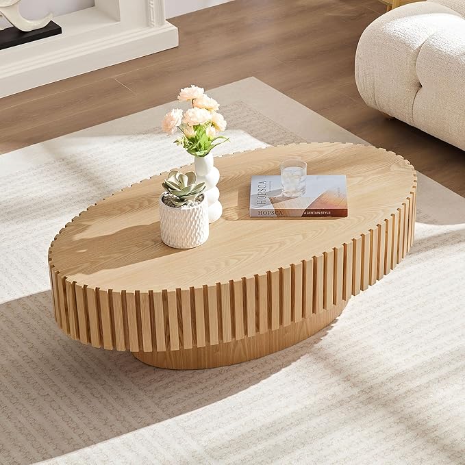 Oval Coffee Table for Living Room, Modern Fluted Coffee Tables with Pedestal Base, Handcrafted Centre Tea Tables Easy Assembly-43.7" Natural