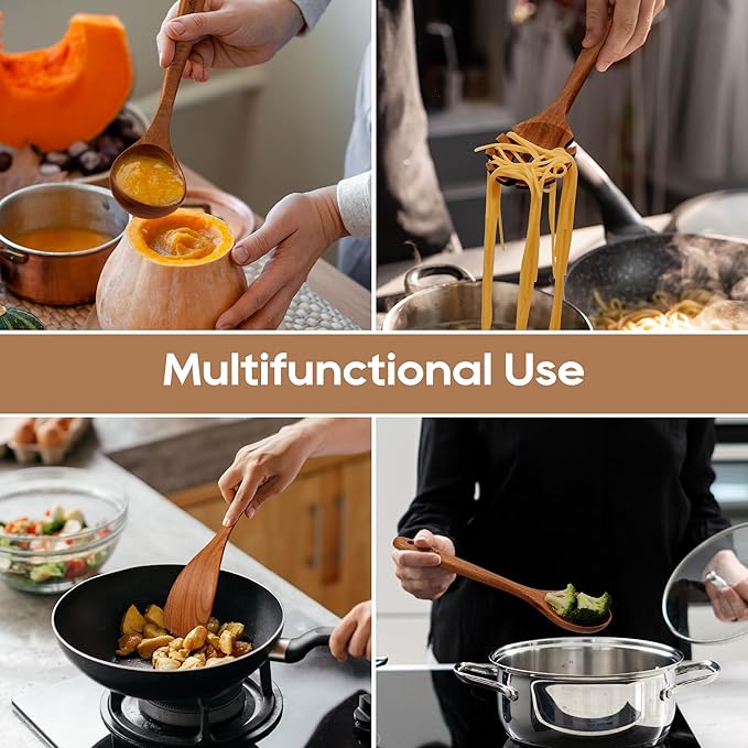 Teak Wooden Cooking Utensils Set, 10 Piece Premium Kitchen Cookware, Non-Scratch Wooden Spoons for Cooking, Perfect for Cooking and Serving