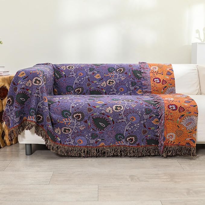 Boho Fall Throw Blanket for Bed Purple Flowers，100% Ultra Cotton Soft Breathable Bed Throw Floral Printed Farmhouse Decor Rustic Bed Throws for Couch Sofa Quilt 80" x 90"