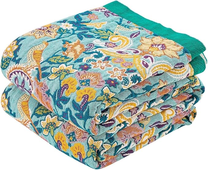 Boho Blanket Throw Quilt, 100% Cotton Soft Light Weight Throw Blankets for Summer, 80"x90" Farmhouse Flower Decorative Blankets, All Season Rustic Reversible Bohemian Throw Quilt