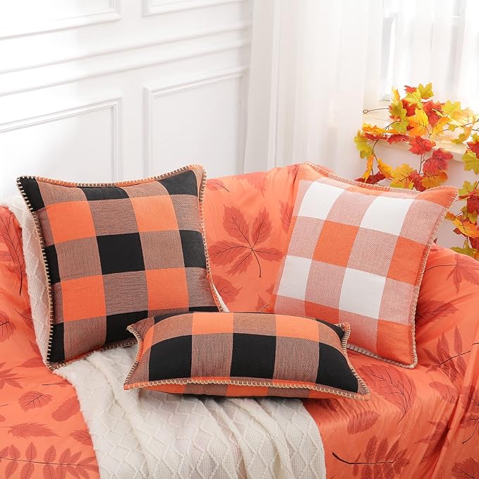 decorUhome Fall Orange and Black Decorative Throw Pillow Covers 22x22 Set of 2, Buffalo Plaid Check Farmhouse Cushion Covers with Stitched Edge for Autumn Harvest Couch Sofa Bed Home Decor