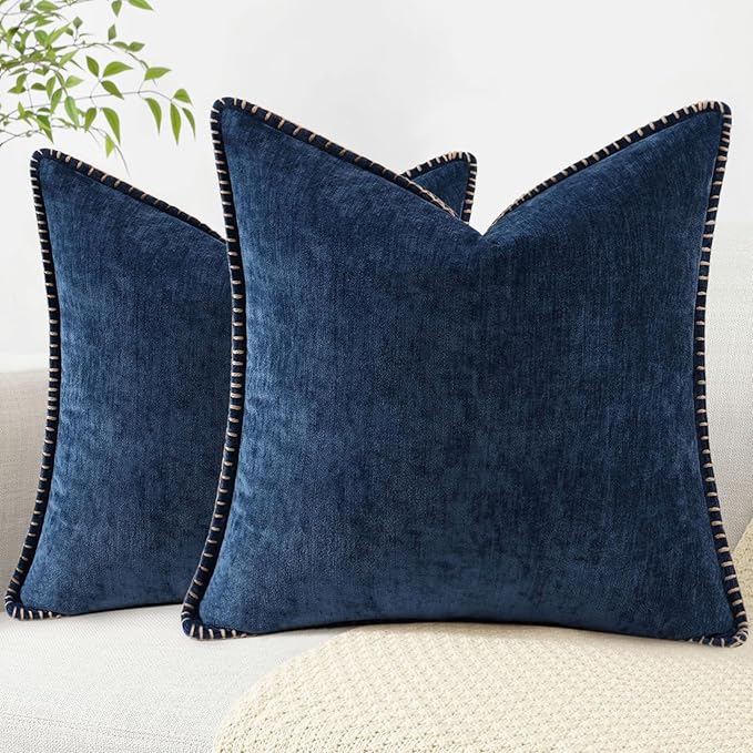 decorUhome Chenille Soft Throw Pillow Covers 16x16 Set of 2, Farmhouse Velvet Neutral Decorative Euro Pillow Covers with Stitched Edge for Couch Sofa Bed Home Decor, Poseidon