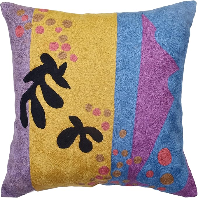 Matisse Gold Pillow Cover Purple Modern Pillowscase Chair Cushion Abstract Farmhouse Flower Outdoor Mid Century Hand Embroidered Wool Size 18x18