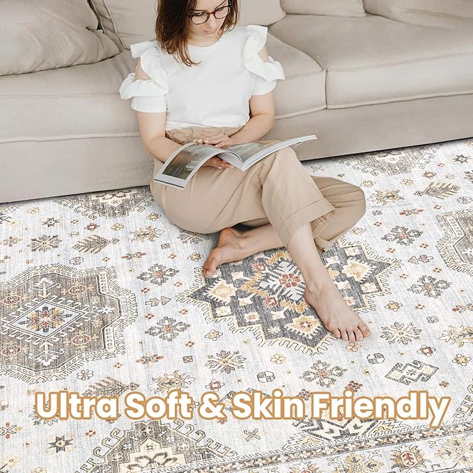 Washable Area Rugs for Living Room - 7x9 Neutral Vintage Distressed Floral Farmhouse Boho Large Soft Floor Rug Indoor Non Slip Carpet for Living Room Bedroom Dining Room Office - Blue Brown