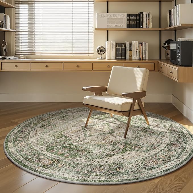 AMOAMI-6FT Round Rug-Rugs for Living Room-Vintage Soft Olive Green Rugs for Bedroom-Non Slip Circle Rug-Machine Washable Rug for Dining Room Living Room Bedroom Office Under Table
