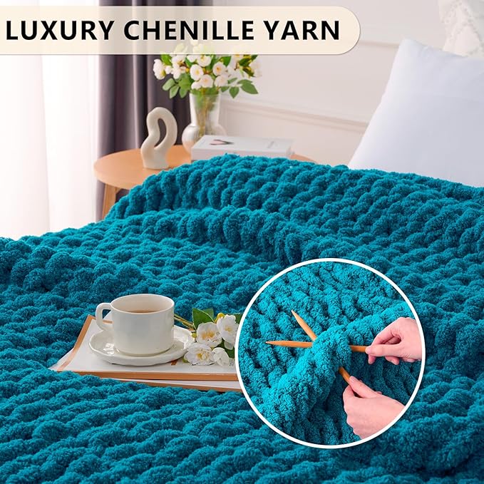 L'AGRATY Chunky Knit Blanket Throw: 60''x80'' Chenille Chunky Knitted Throw Blanket for Bed Couch - Handmade Thick Big Cable Knit Blanket - Large Crochet Rope Blanket for Home Decor(Teal)