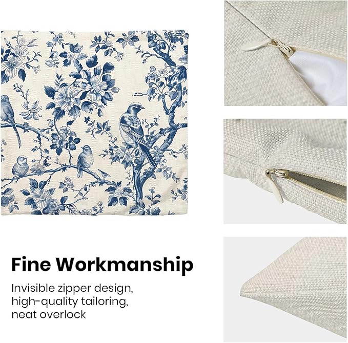 Navy Blue Spring Floral Pillow Covers 18 x 18 Inch Set of 2 for Vintage Chinoiserie Flowers Bird Decor Throw Pillows Plant Farmhouse Outdoor Decorative Cushion Cases for Couch Bed Decorations