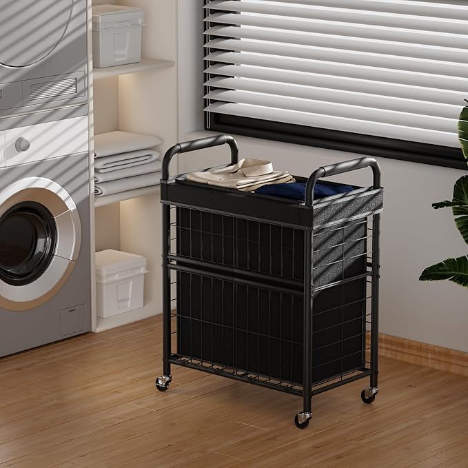 Laundry Hamper 2 Section, 110L Rolling Laundry Sorter Basket with Wheels, 2 Compartment Clothes Organizer Cart, Pull-Out Removable Bags for Laundry Room, Bathroom, Bedroom, Black