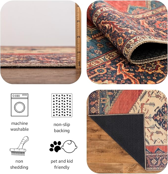 Keen Home Design 2x12 Rug - Machine Washable Runner with Non-Slip Backing, Ideal for Hallway, Entryway, Kitchen, Laundry Room - Vintage, Easy Clean, Durable, Low Pile Rug - (2'6" x 12')