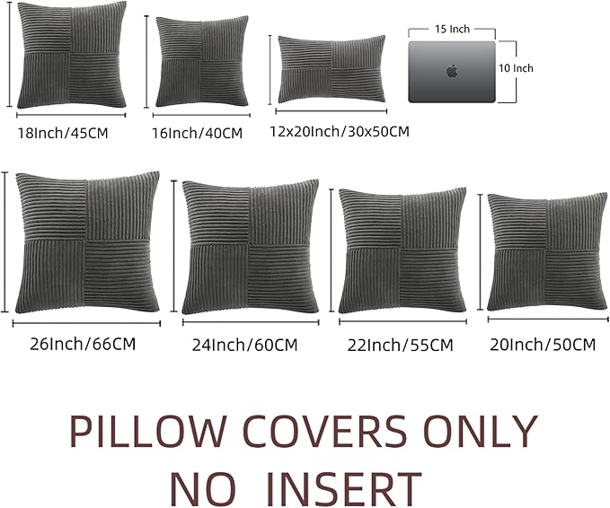 Fancy Homi 2 Packs Dark Gray Euro Decorative Throw Pillow Covers 26x26 Inch for Couch Bed Sofa, Rustic Farmhouse Boho Home Decor, Soft Corss Corduroy Patchwork Textured Square Cushion Case 66x66 cm