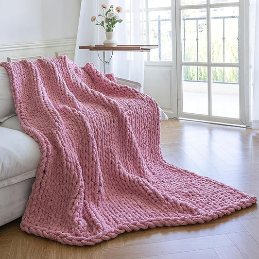 Chunky Knit Blanket - Luxury Soft Cozy 60 * 80 Throw Blanket,100% Woven Blanket Rope Knot Throw Blanket for Couch, Sofa, Home Decor, Gift - Machine Washable(Pink)