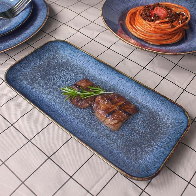Ceramic Dinner Plates Dish Set,Set of 4, for Lunch snacks - Microwave, Oven & Dishwasher Safe,Scratch Resistant, Dinnerware Kitchen Porcelain Serving Dishes,Blue 12.4 Inch Rectangle plate